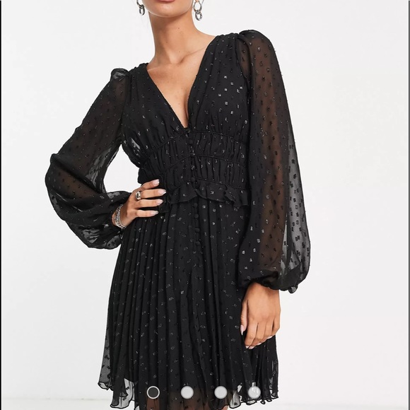 ASOS DESIGN button through ruched waist pleated mini dress in metallic texture - Picture 2 of 5